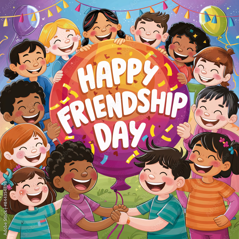 Happy friendship day celebration with group of kids and confetti Happy friendship day celebration with group of kids and confetti