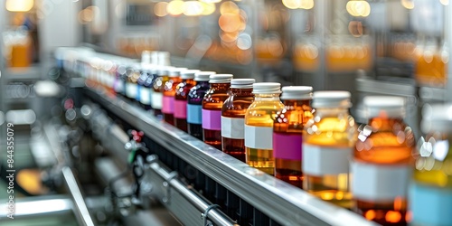 Applying Colorful Branded Labels to Bottles Using a Labeling Machine in a Well-Lit Factory. Concept Bottling Process, Labeling Machine, Factory Setting, Colorful Branding, Well-Lit Workspace