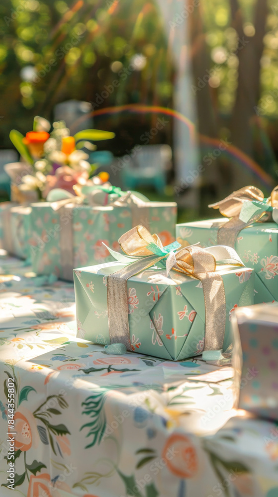 A table with a variety of gifts, including a few wrapped in green paper A table with a variety of gifts, including a few wrapped in green paper