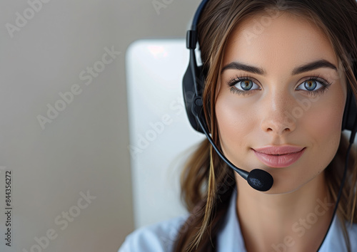Woman with Headset for Call Center Telemarketing or Technical Support. Female Representative for CRM, Sales, Customer Service, or Help Desk