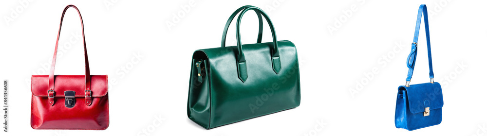 Naklejka premium leather bag isolated with no background. Set of 3 PNG illustrations of stylish leather bag in red, blue and green colors.
