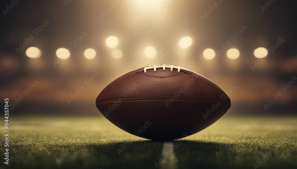 American football ball in front of warm-toned spotlights on the field and foggy background
American football ball in front of warm-toned spotlights on the field and foggy background