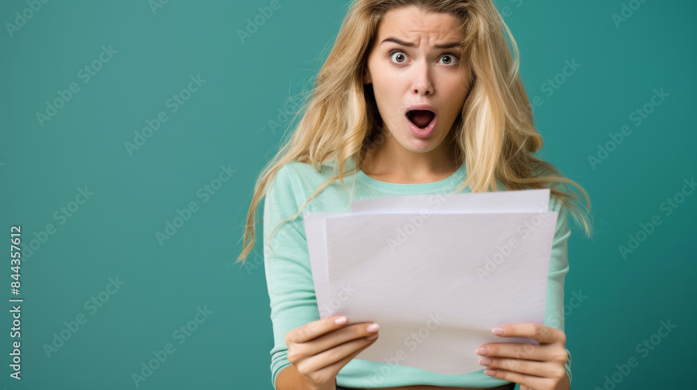 Shocked young woman reading a document isolated on blue background with copy space Shocked young woman reading a document isolated on blue background with copy space