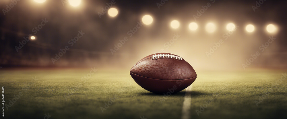 American football ball in front of warm-toned spotlights on the field and foggy background
American football ball in front of warm-toned spotlights on the field and foggy background