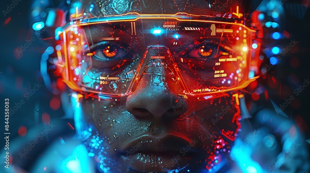 A man wearing futuristic goggles stands in a digital space, illuminated by vibrant blue and red lights A man wearing futuristic goggles stands in a digital space, illuminated by vibrant blue and red lights