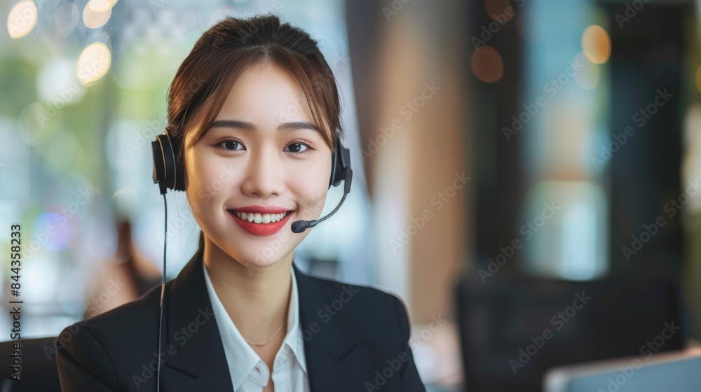 Attractive Asian businesswoman in suit and headset smiling while working on computer at office Customer service assistant working in office. VOIP Helpdesk headset Attractive Asian businesswoman in suit and headset smiling while working on computer at office Customer service assistant working in office. VOIP Helpdesk headset