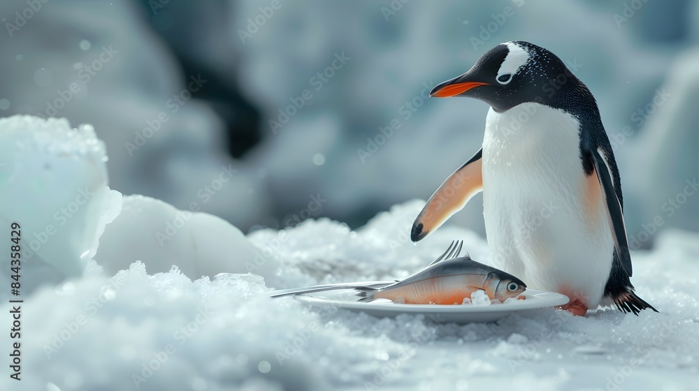 Obraz premium Illustration of Adorable penguin eagerly holding a spoon and knife, eyes wide with hunger, cute and endearing. Ai Generate.