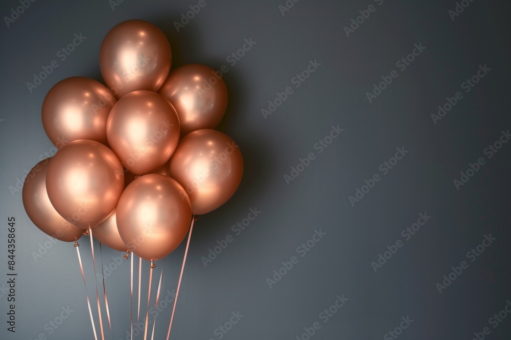 A bouquet of rose gold balloons with a matte finish, floating against a solid dark gray background, their surfaces reflecting a warm, subtle glow, A bouquet of rose gold balloons with a matte finish, floating against a solid dark gray background, their surfaces reflecting a warm, subtle glow,