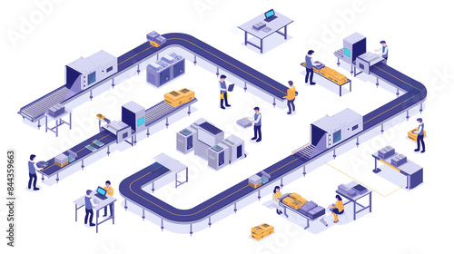 Isometric smart industrial factory, concept of automatic robot assembly in factory automatic system and factory engineer workers Illustration of 3D manufacturing technology