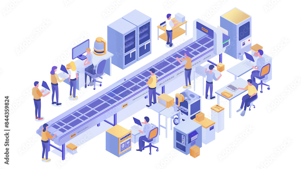 Isometric smart industrial factory, concept of automatic robot assembly in factory automatic system and factory engineer workers Illustration of 3D manufacturing technology Isometric smart industrial factory, concept of automatic robot assembly in factory automatic system and factory engineer workers Illustration of 3D manufacturing technology