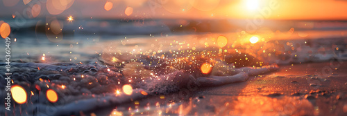 Closeup of sparkling fireworks on the beach at sunset. with waves crashing in the background with space for text 