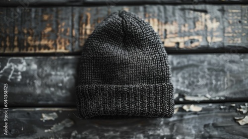 A black knit hat is sitting on a wooden table