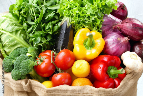 A bag of vegetables including broccoli  tomatoes  peppers  onions