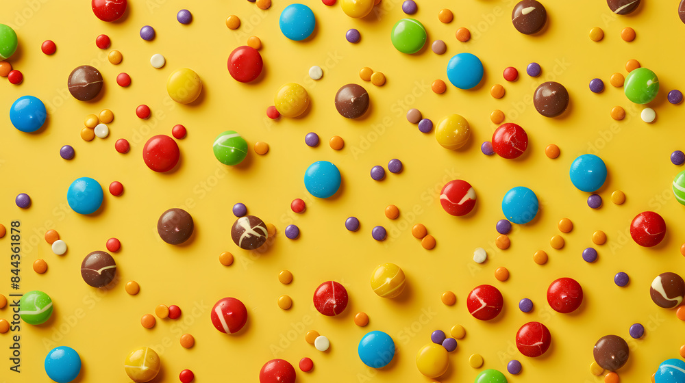 Colorful candies and circular pins scattered on a yellow background Colorful candies and circular pins scattered on a yellow background