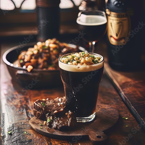 pint of Guinness and Irish meal, pub mood, food photography style