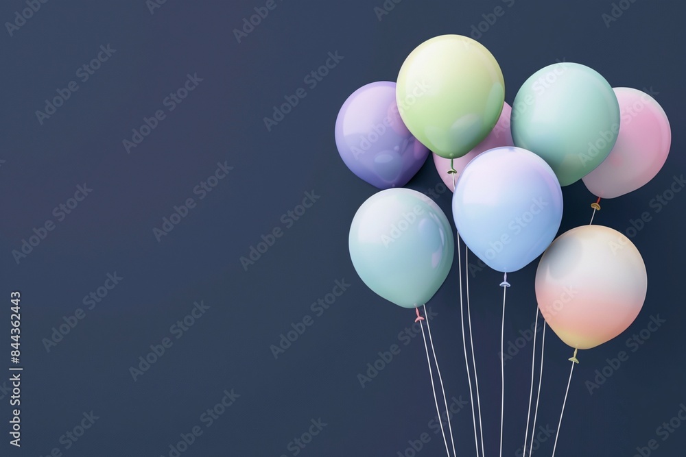 A whimsical collection of pastel rainbow balloons, each with a different soft color, floating against a solid navy blue background, A whimsical collection of pastel rainbow balloons, each with a different soft color, floating against a solid navy blue background,