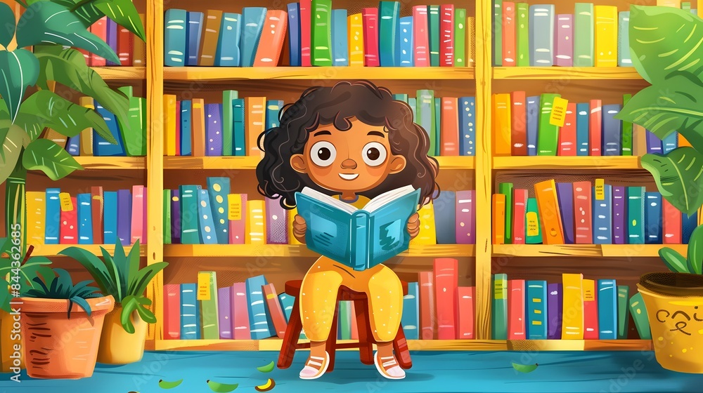 happy kids reading book on library vector illustration happy kids reading book on library vector illustration