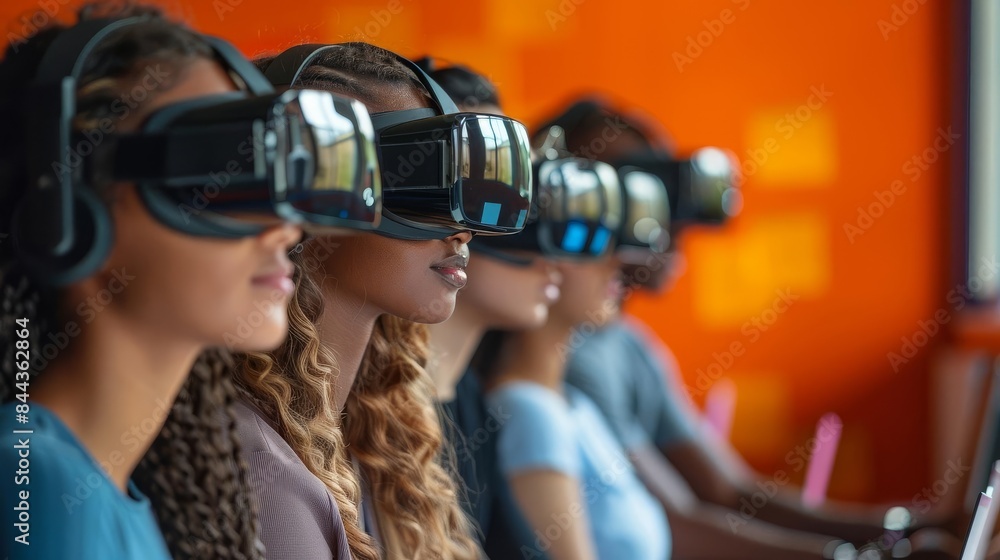 Virtual reality training session with diverse students, immersive VR headsets, digital classroom, modern setting, vibrant colors, high detail Virtual reality training session with diverse students, immersive VR headsets, digital classroom, modern setting, vibrant colors, high detail