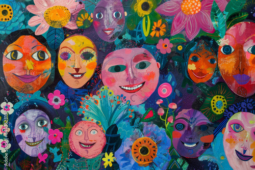 A painting of many faces with flowers and a smiling sun © mila103
