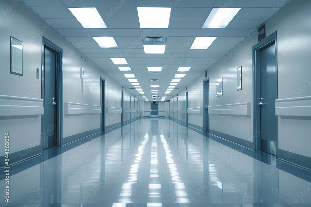 A long hallway with white walls and blue doors A long hallway with white walls and blue doors
