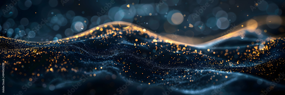 Dark blue and gold abstract background with glitter particles. bokeh ...