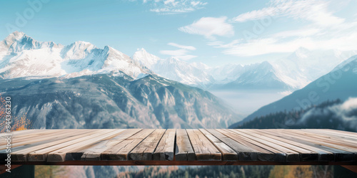 empty table top dais wooden podium platform and mountain background for hiking tourism outdoor travel tour, mountain climbing, camping products, equipment, clothing or footwear, food or drinks 