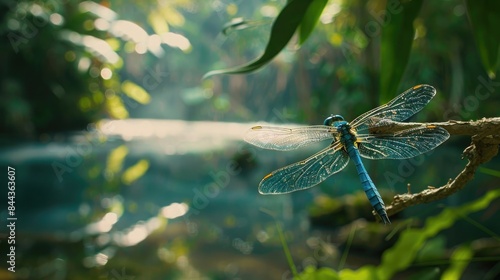 A close shot of a bright blue dragonfly perched delicately on a twig near the bank of a serene, azure lake surrounded by lush foliage photo
