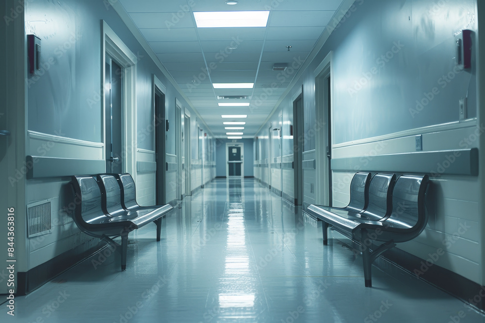 A long hallway with two rows of chairs and a sign on the wall A long hallway with two rows of chairs and a sign on the wall
