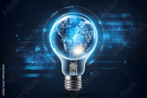Futuristic light bulb with holographic globe inside, illuminated by data points, abstract digital background