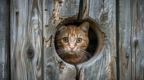 A close-up image of a cat's face peeking through a knothole in a wooden fence photo