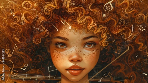 A close-up image of a young girl with curly, expressive hair, woven with musical notes and small cartoonish musical instruments like violins and flute