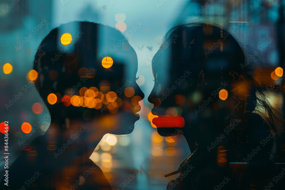 Φωτογραφία A couple is kissing in the rain with the city lights in the background