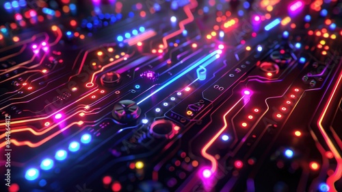 A close-up of a glowing neon circuit board with bright nodes and electric currents flowing through, featuring vivid colors against a dark background