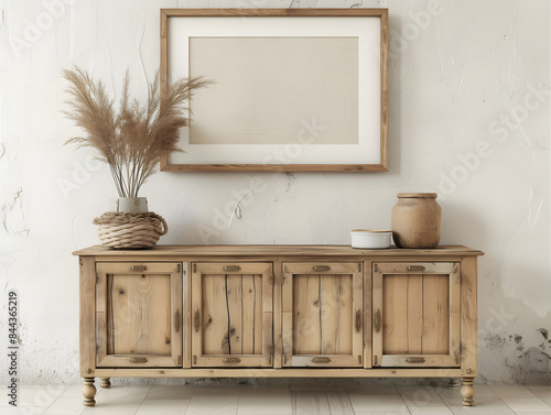 Vintage living room with wood cabinet and blank poster frame