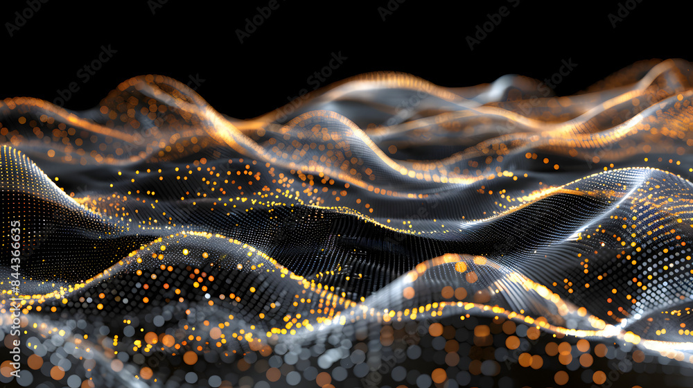 Digital data waves of golden and silver dots on black background. futuristic technology concept Digital data waves of golden and silver dots on black background. futuristic technology concept