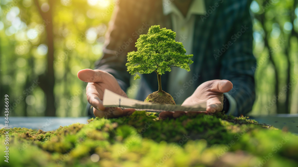 Human hands hold green plants over nature background. Save the earth's ...