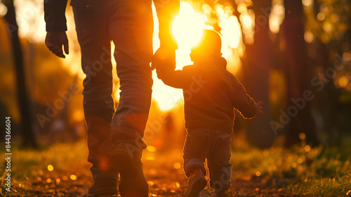 Little son dad hold hands close up in nature in sun Child father walk in park at sunset family trust concept Parent kid boy outing together Adoption of child Happy family teamwork Silh : Generative AI photo