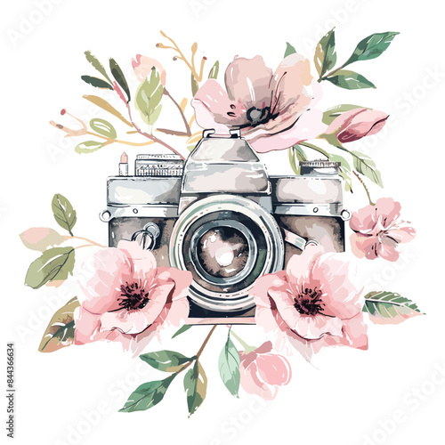Photography watercolor floral camera logo bundle, set of watercolor photography logo