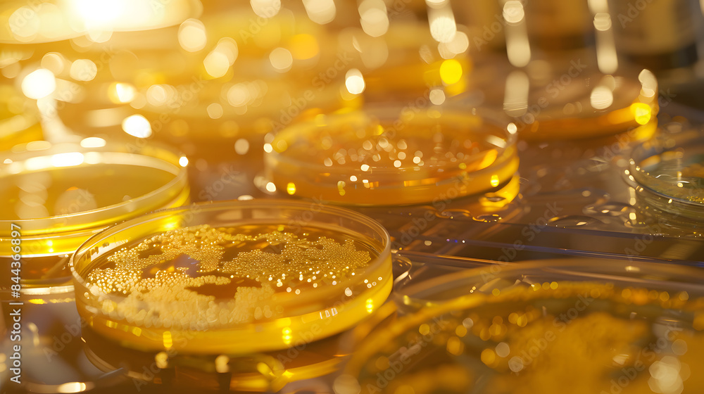 Diverse yellow petri dishes with microbackings on a laboratory table in closeup. captured from the side view Diverse yellow petri dishes with microbackings on a laboratory table in closeup. captured from the side view