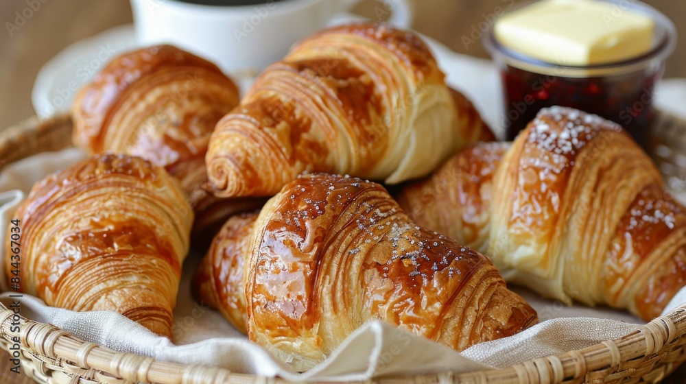 Croissants: A basket of freshly baked croissants, golden and flaky, a side of butter, and a jar of jam. Traditional French breakfast. Croissants: A basket of freshly baked croissants, golden and flaky, a side of butter, and a jar of jam. Traditional French breakfast.