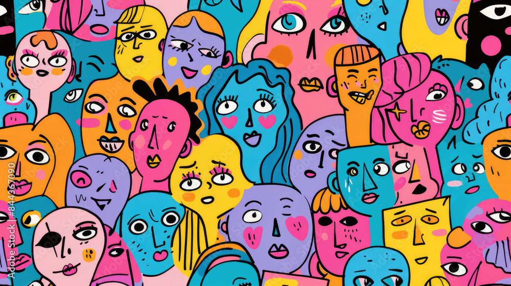 Expressive Hand-Drawn Faces in Colorful Doodle Pattern