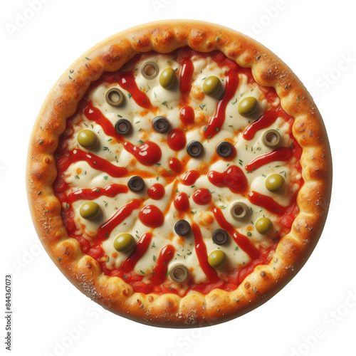 Appetizing pizza with melted cheese, ketchup, and olives, isolated on a transparent background photo