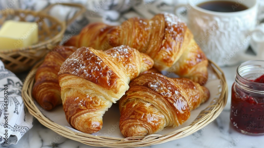 Croissants: A basket of freshly baked croissants, golden and flaky, a side of butter, and a jar of jam. Traditional French breakfast. Croissants: A basket of freshly baked croissants, golden and flaky, a side of butter, and a jar of jam. Traditional French breakfast.