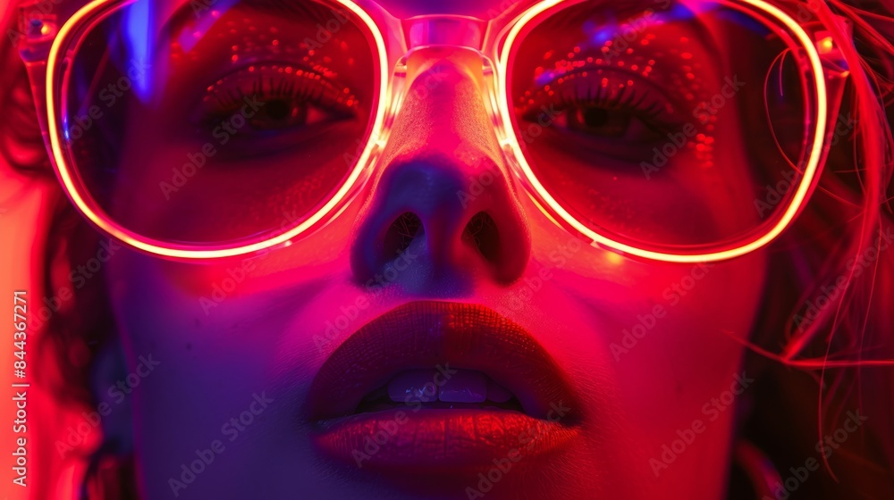 Photo of a neon close-up of a young woman in red sunglasses with glow sticks. Photo of a neon close-up of a young woman in red sunglasses with glow sticks.
