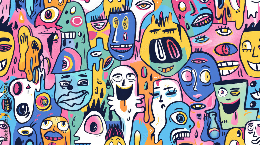 Expressive Hand-Drawn Faces in Colorful Doodle Pattern Expressive Hand-Drawn Faces in Colorful Doodle Pattern