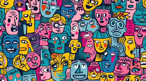 Expressive Hand-Drawn Faces in Colorful Doodle Pattern