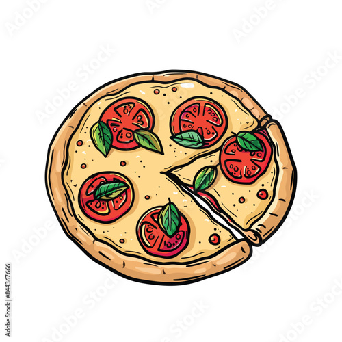 a drawing of a pizza with a slice missing.