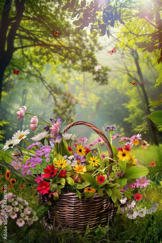 A Wicker Basket Filled With Colorful Flowers In A Sunlit Forest A Wicker Basket Filled With Colorful Flowers In A Sunlit Forest