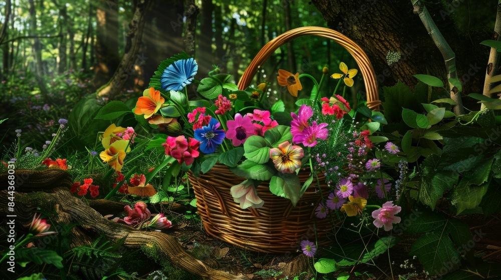A Basket of Colorful Flowers in a Lush Forest Setting A Basket of Colorful Flowers in a Lush Forest Setting