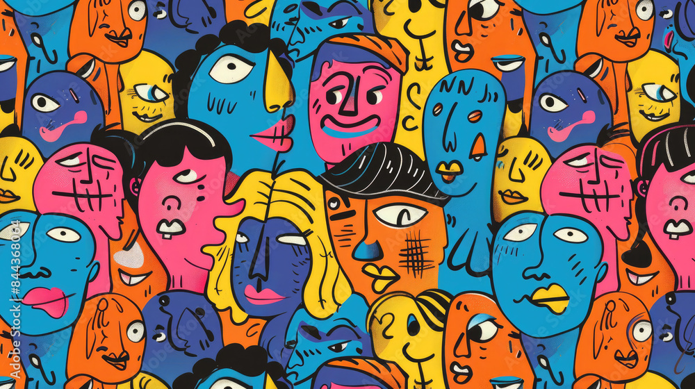 Expressive Hand-Drawn Faces in Colorful Doodle Pattern Expressive Hand-Drawn Faces in Colorful Doodle Pattern